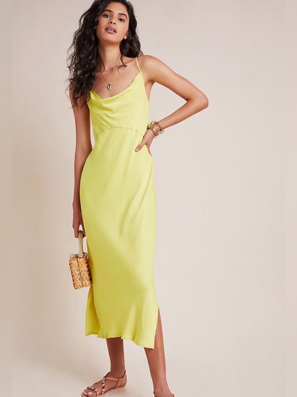 Anthropologie Lemon-Yellow Cowl Neck Slip Midi Dress